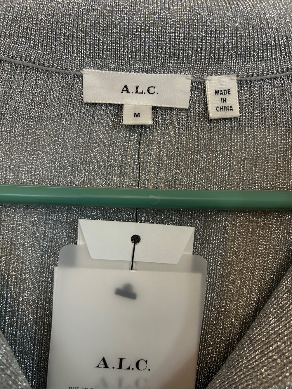 A.L.C. Joey Metallic Silver Ribbed V-Neck Polo Elbow Length Sleeves Top Sweater - Picture 4 of 9